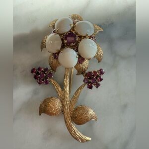 Vintage 14K Gold Opal & Ruby Flower Brooch 60's Retro